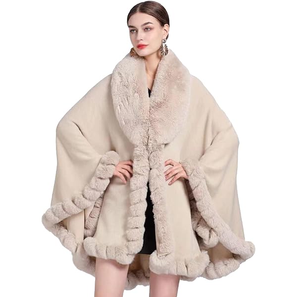 Women Open Front Faux Rabbit Fur Collar Poncho Cape Large Knitted